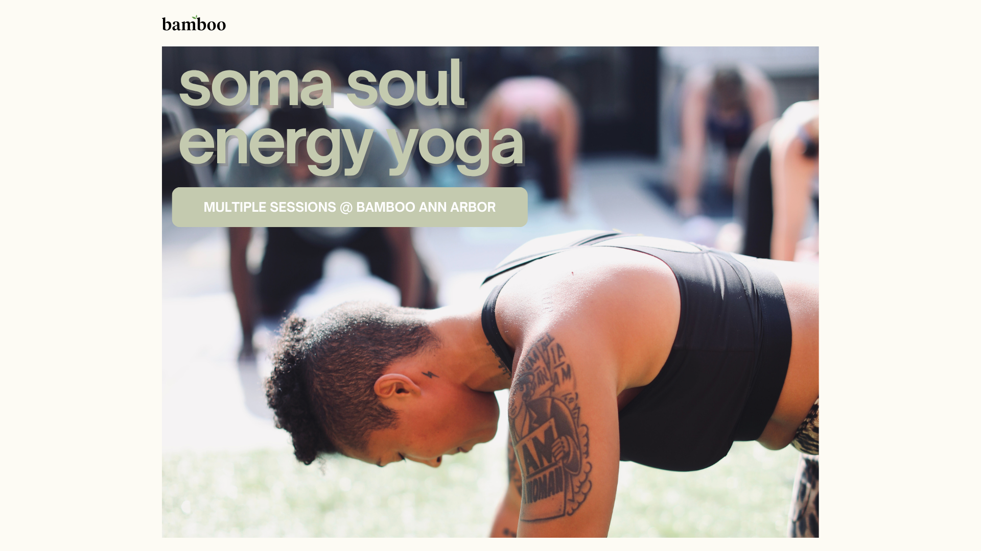 white background with an image of a woman doing yoga on a rooftop with text saying "soma soul energy yoga"