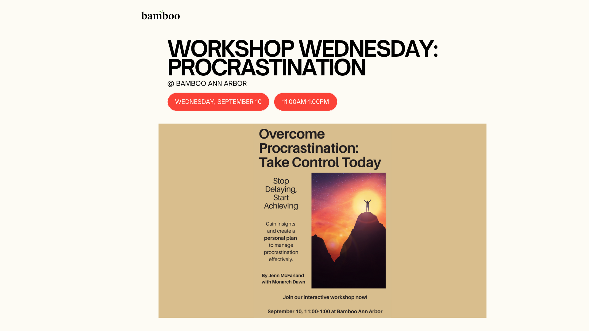 White background image with text saying "Procrastination Workshop" with a date and time of Wednesday September 10th, 2025 at 11am-1pm