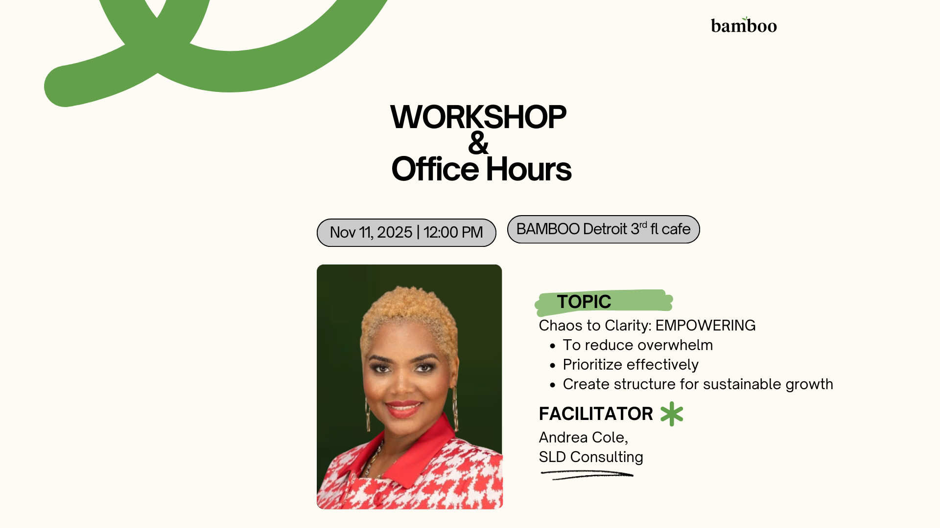 green background image with a logo that has a "P" in a black silhouette with a purple and orange outline. text saying "office hours with jeremy mulder, may 14th 11am-1pm, topic: customer success, leadership, and consulting. industry leader: jeremy mulder