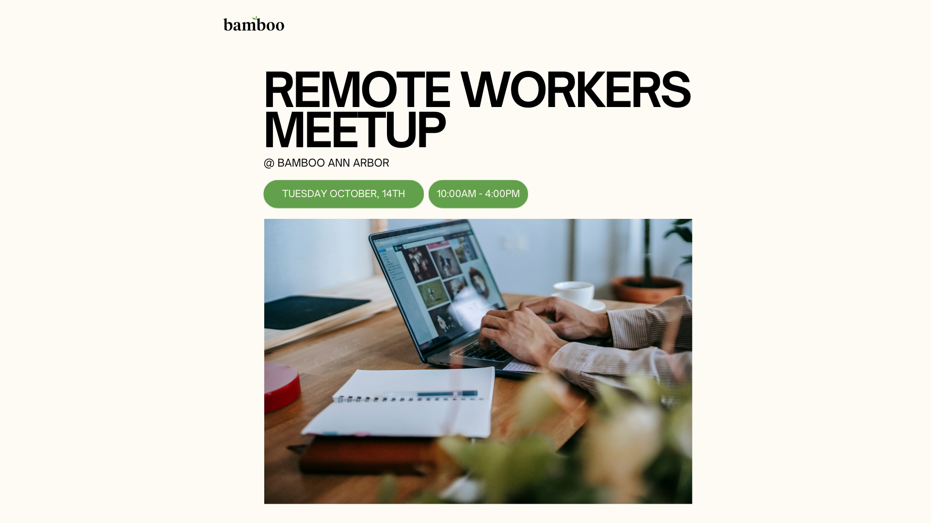 white background with an image of a person working on a laptop with text saying "remote workers meet up"