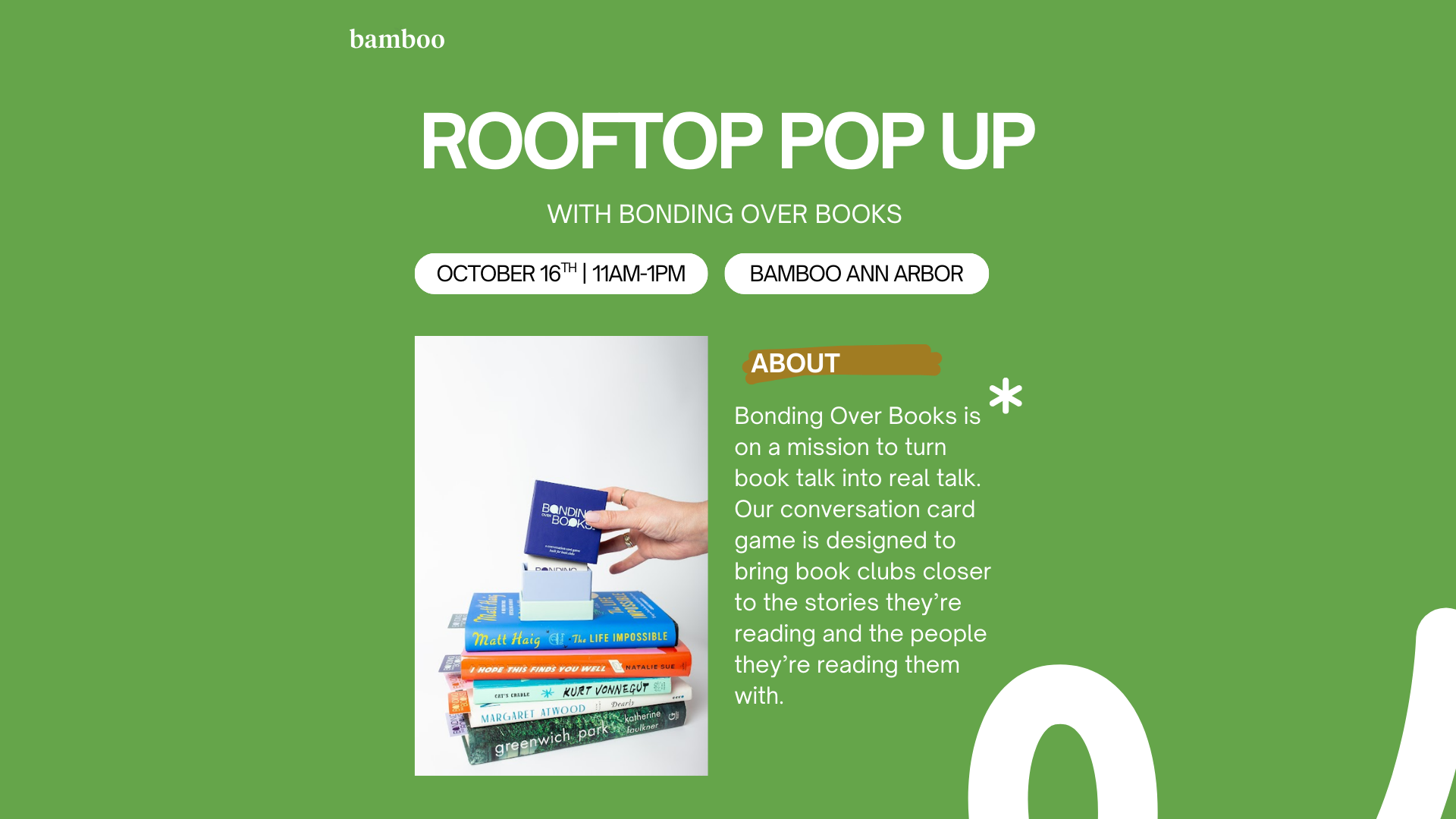 green background with an image of books with the Bonding over Books game atop. text syaing "bonding over books"