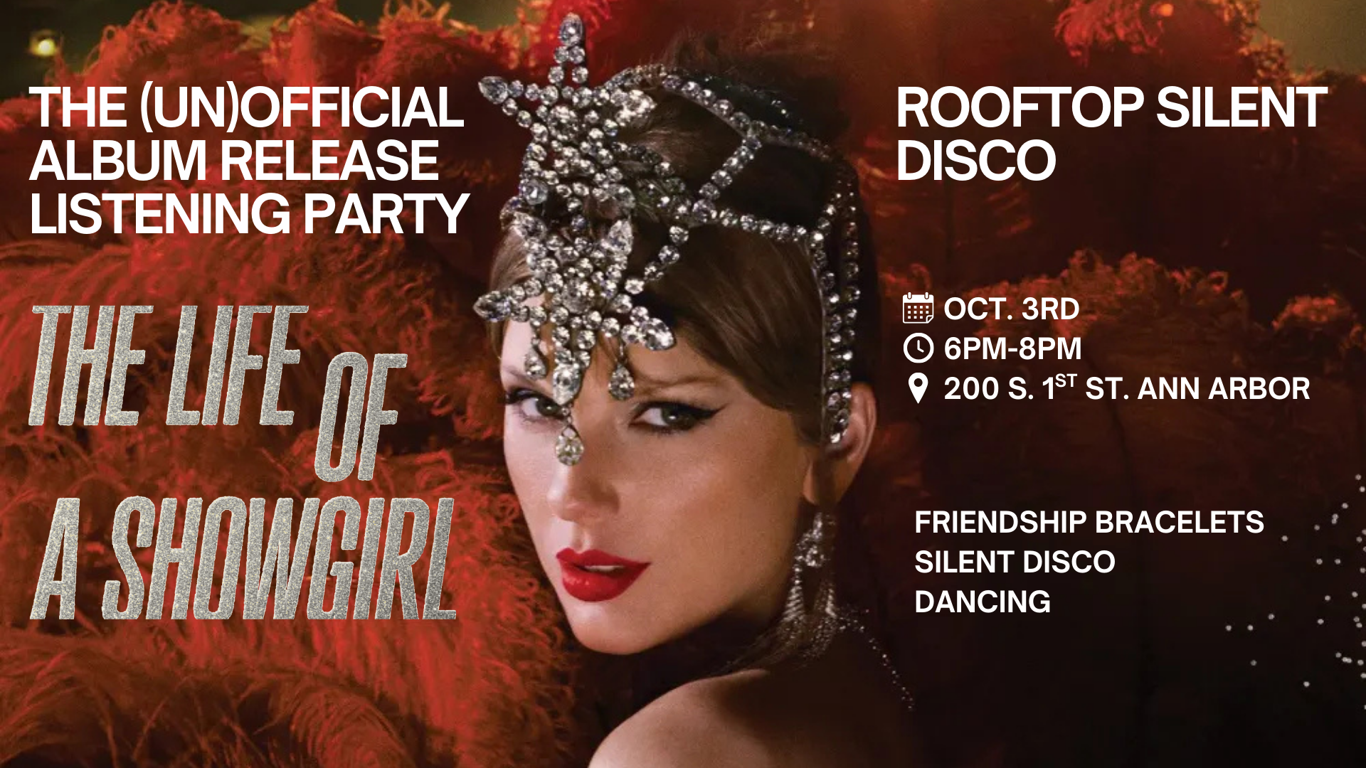 an image of taylor swift with text saying "rooftop silent disco" "the unofficial listening party for life of a showgirl album" 
