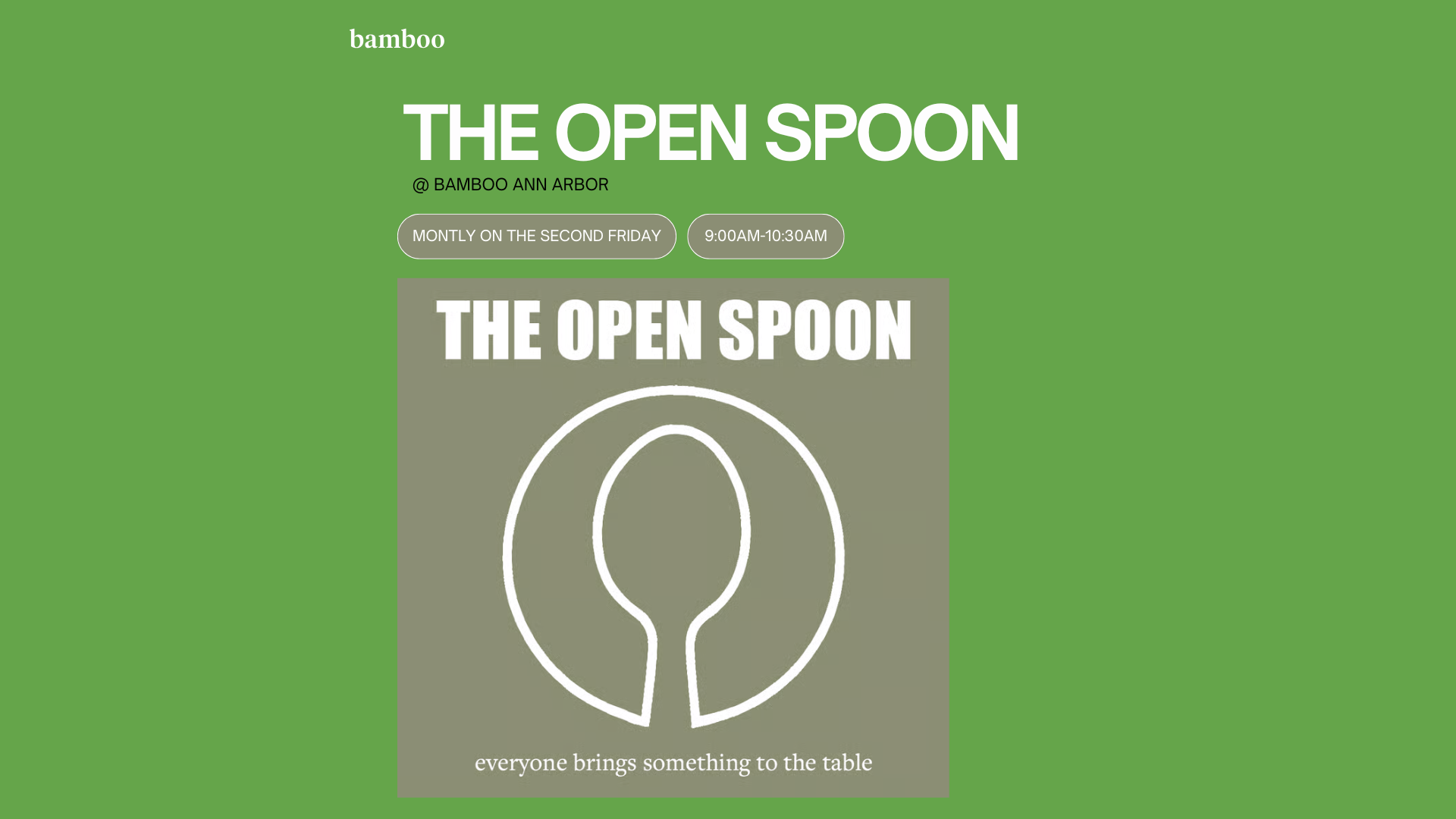 green background with an image of a plate and spoon with text saying "the open spoon, every second friday of the month, 9:00am-10:30am"