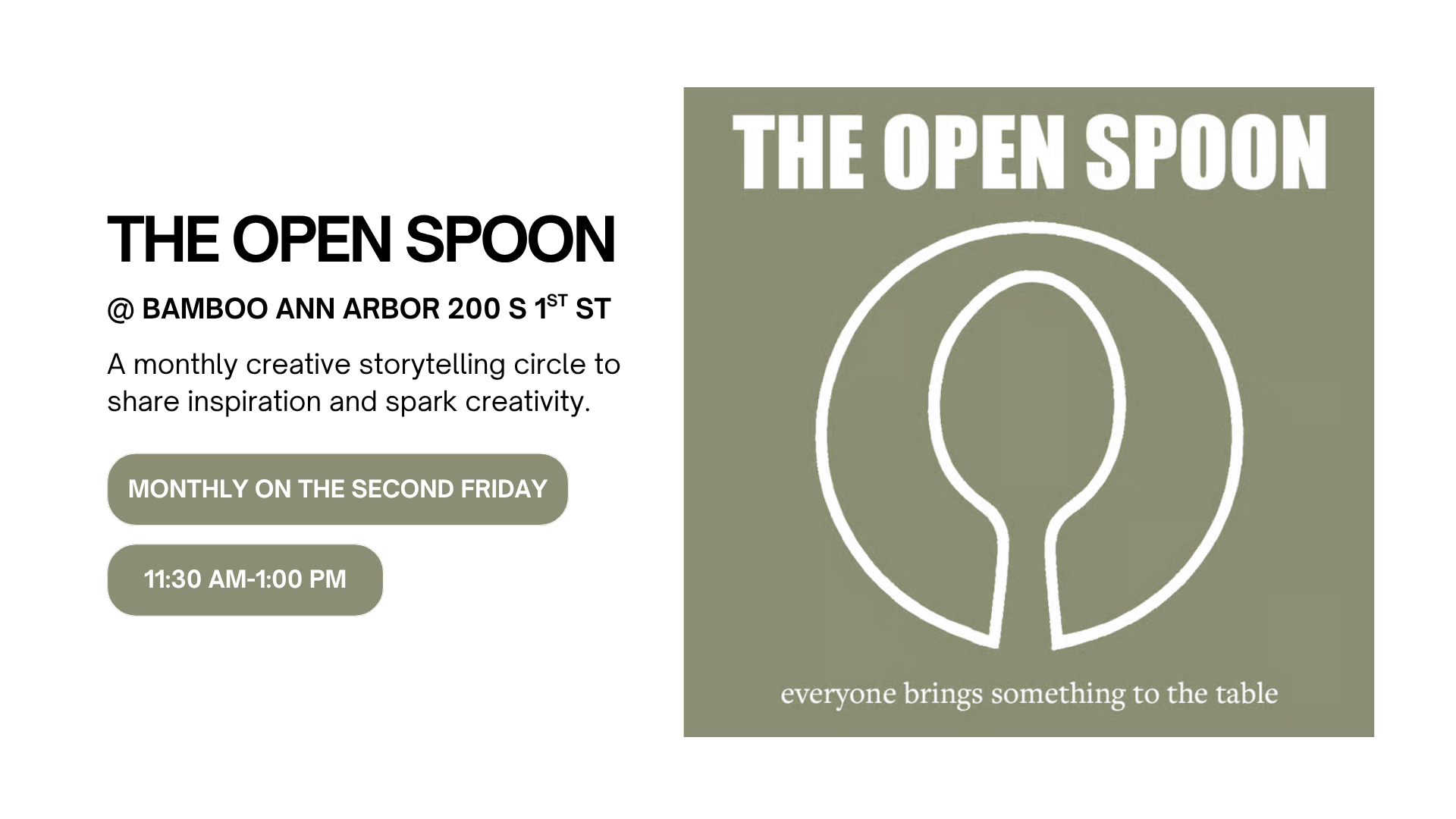 green background with an image of a plate and spoon with text saying "the open spoon, every second friday of the month, 9:00am-10:30am"