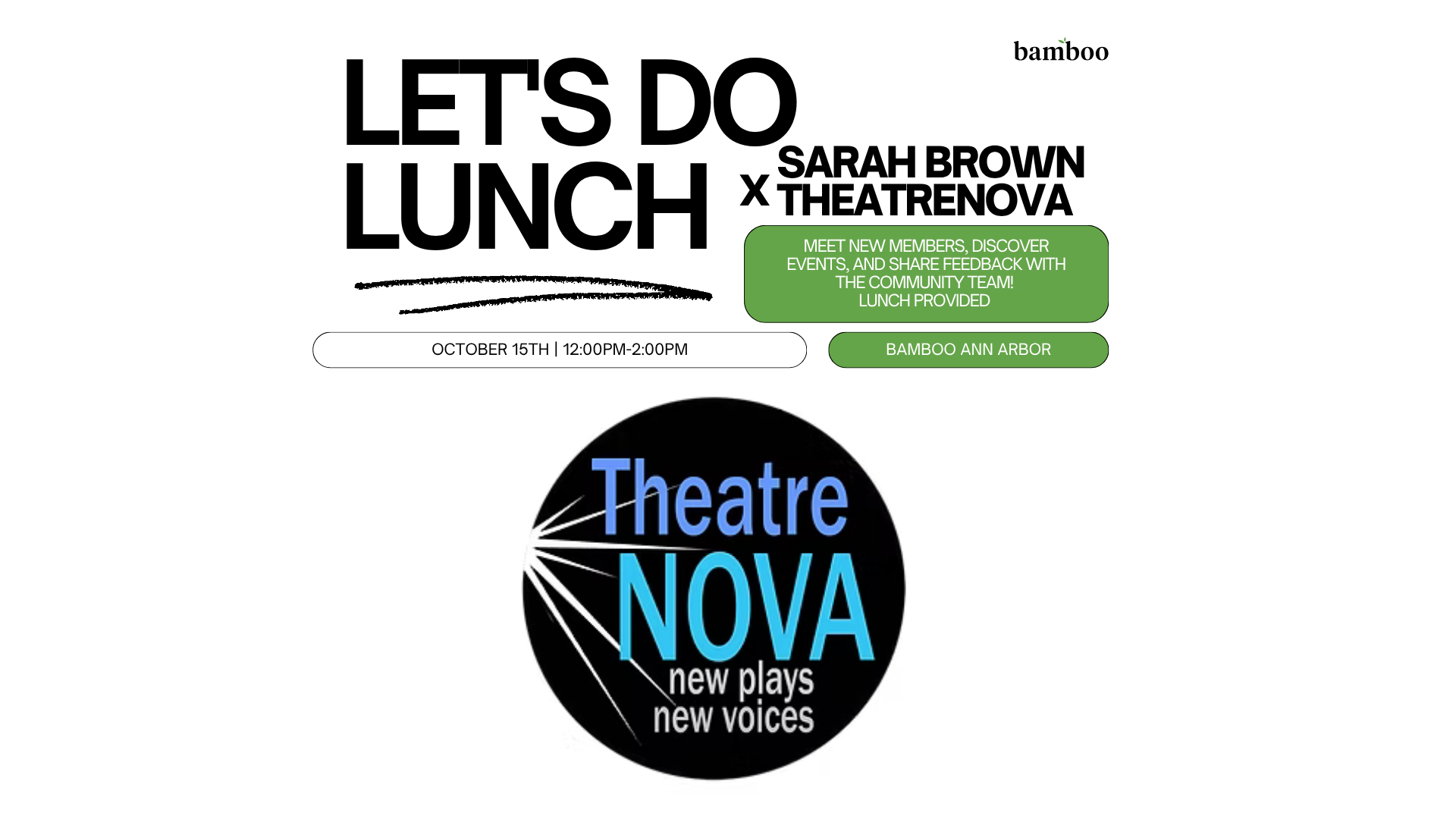 white background with a logo image of theatrenova's logo and text saying "let's do lunch"