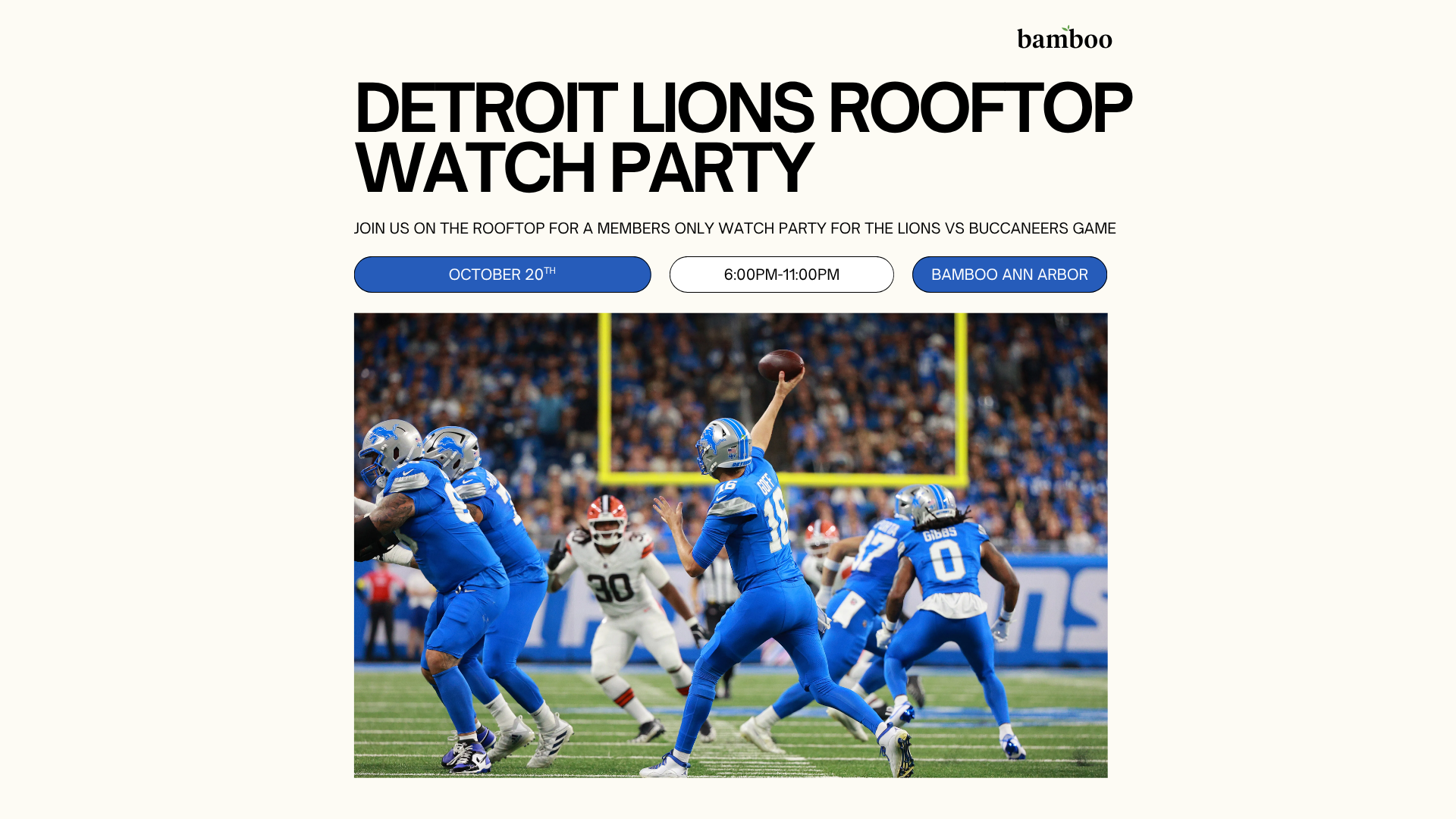 white background with an image of the detroit lions offense in game, text saying "detroit lions rooftop watch party october 9th, 6:30pm-11pm"