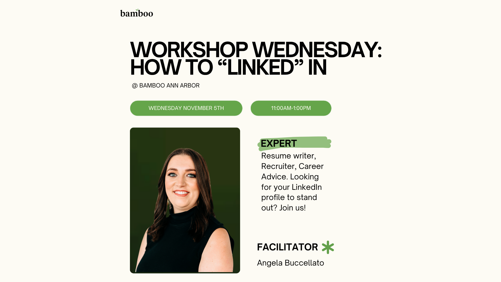 image of angela buccellato with text saying "workshop wednesday how to "linked" in @ bamboo ann arbor wednesday november 5th 11am-1pm"