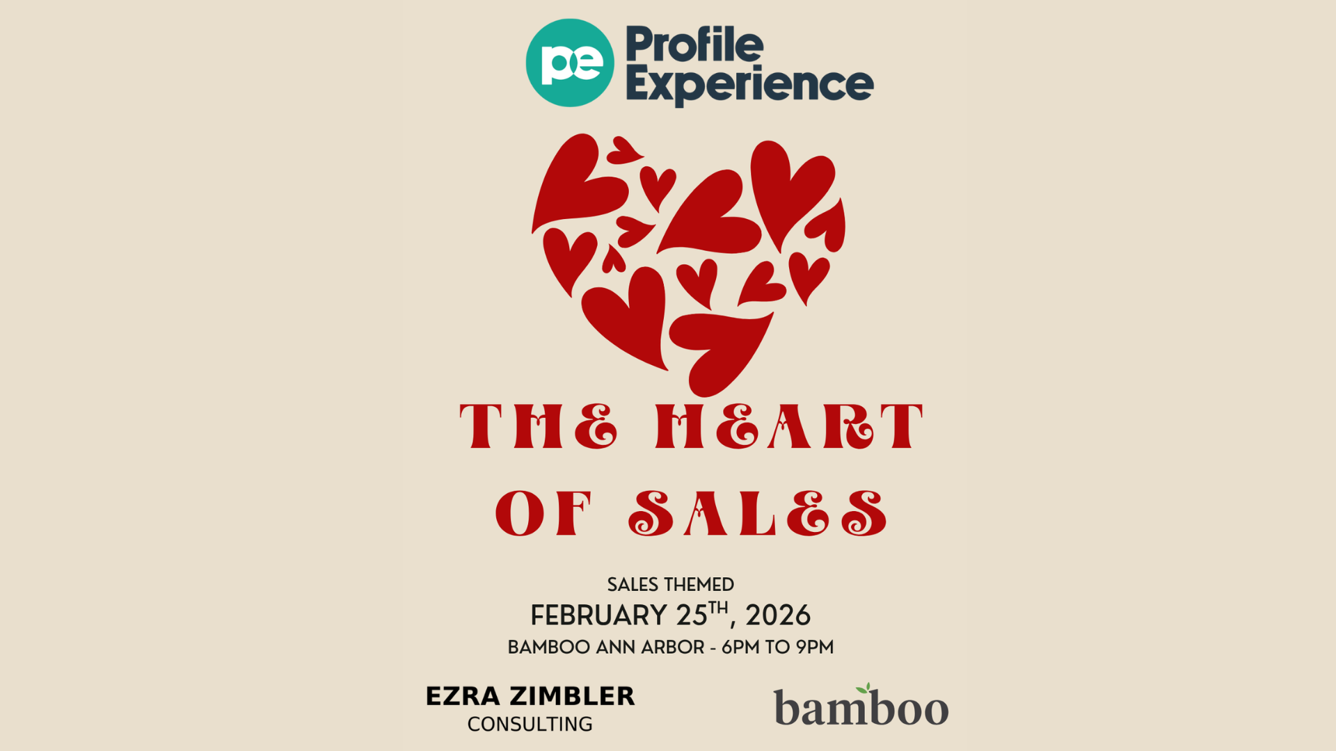 tan background with an image of a heart and text saying, "the profile experience, the heart of sales"