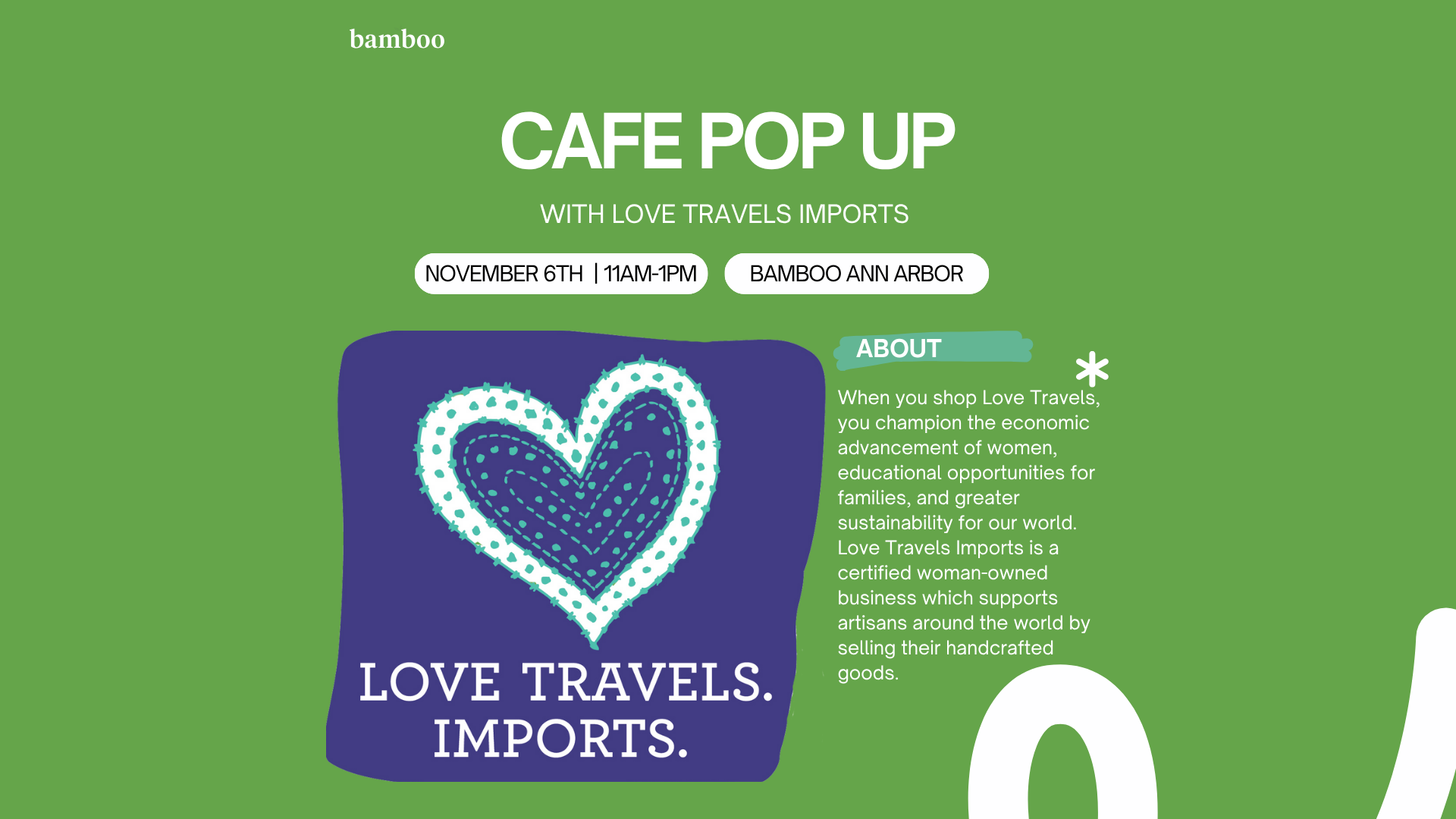 image of Love Travels Imports logo and text saying, "cafe pop up, November 6th 11am-1pm"