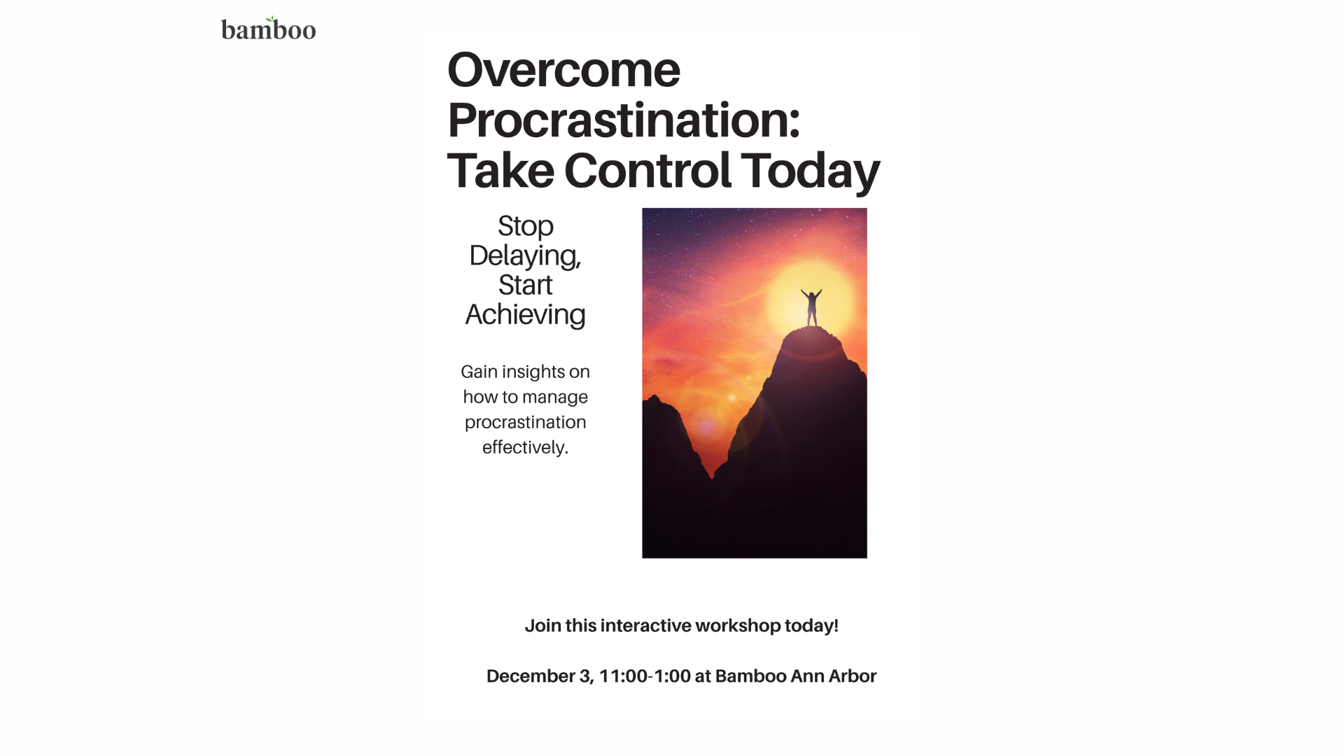white background with an image of a mountain and a sunset and text saying "Workshop Wednesday: Overcome Procrastination