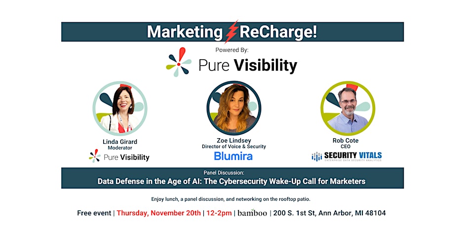 white background with three images of headshots and text saying "marketing recharge"