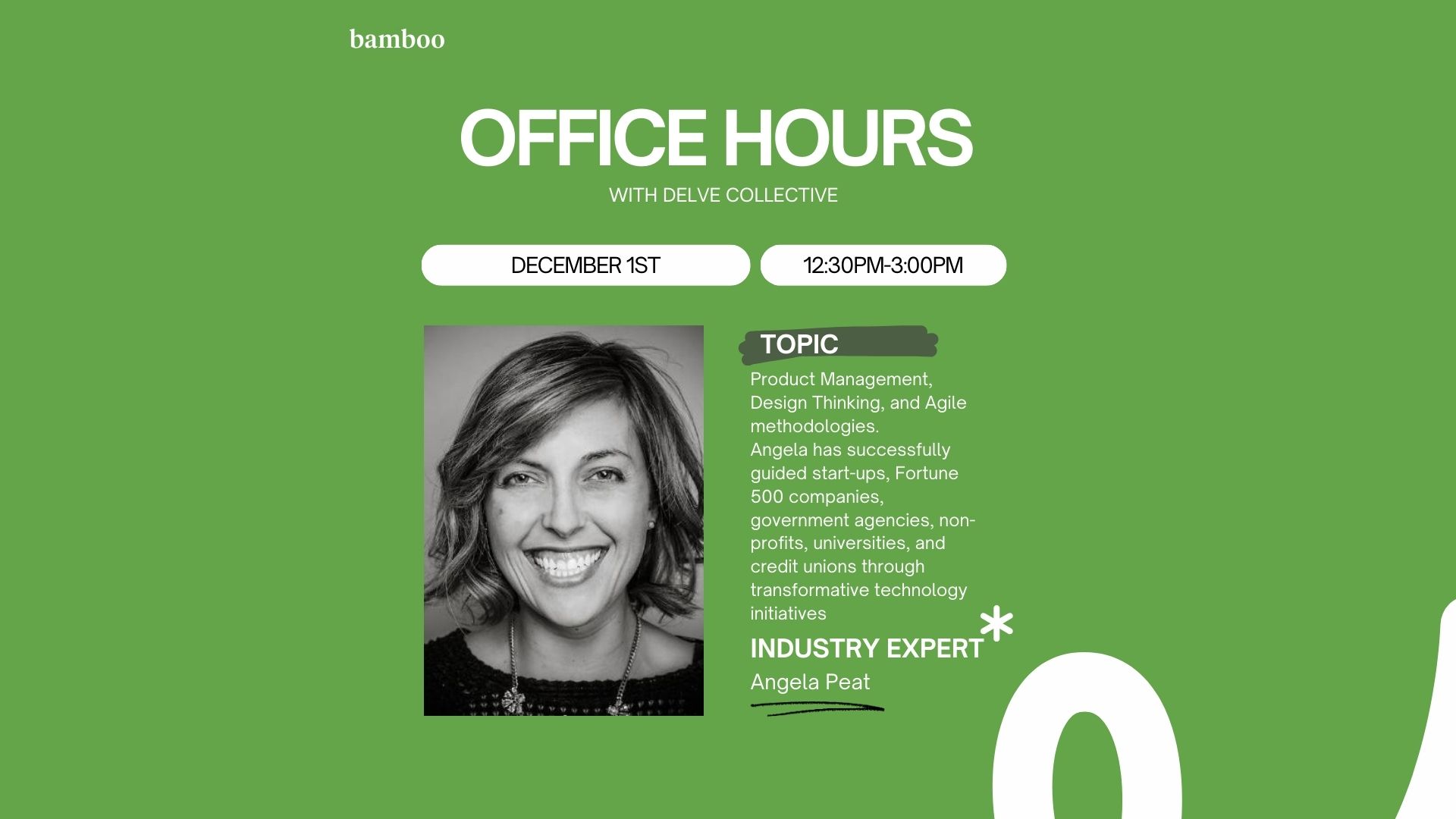 green background with an image of angela peat