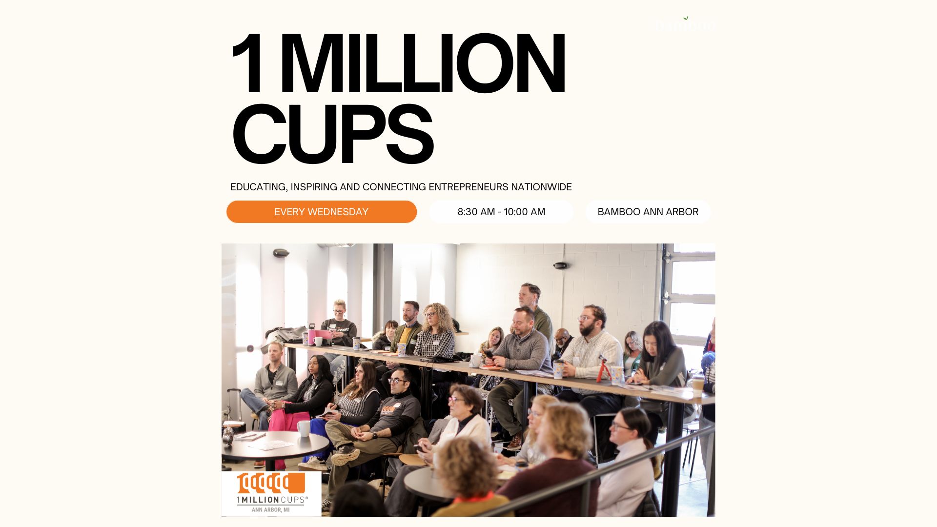 White background with Orange text saying 1,000,000, black text saying "1 million cups" and grey text saying "Ann Arbor, MI"