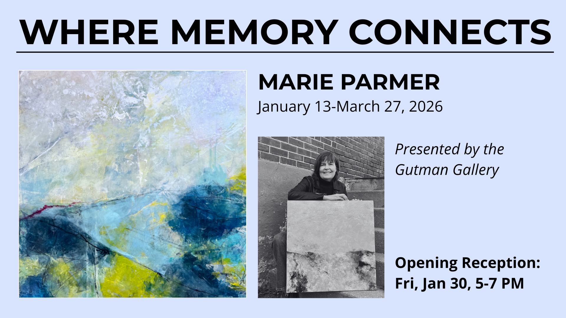 blue background with an image of marie parmer holding her artwork and text saying "gallery recpetion happy hour" 