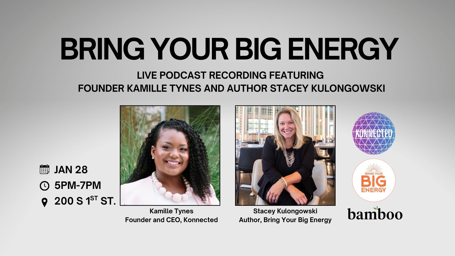 green and pink background image with text saying, "Bring Your Podcast Live Podcast Recording" with Stacey Kulongowski and Kamille Tynes