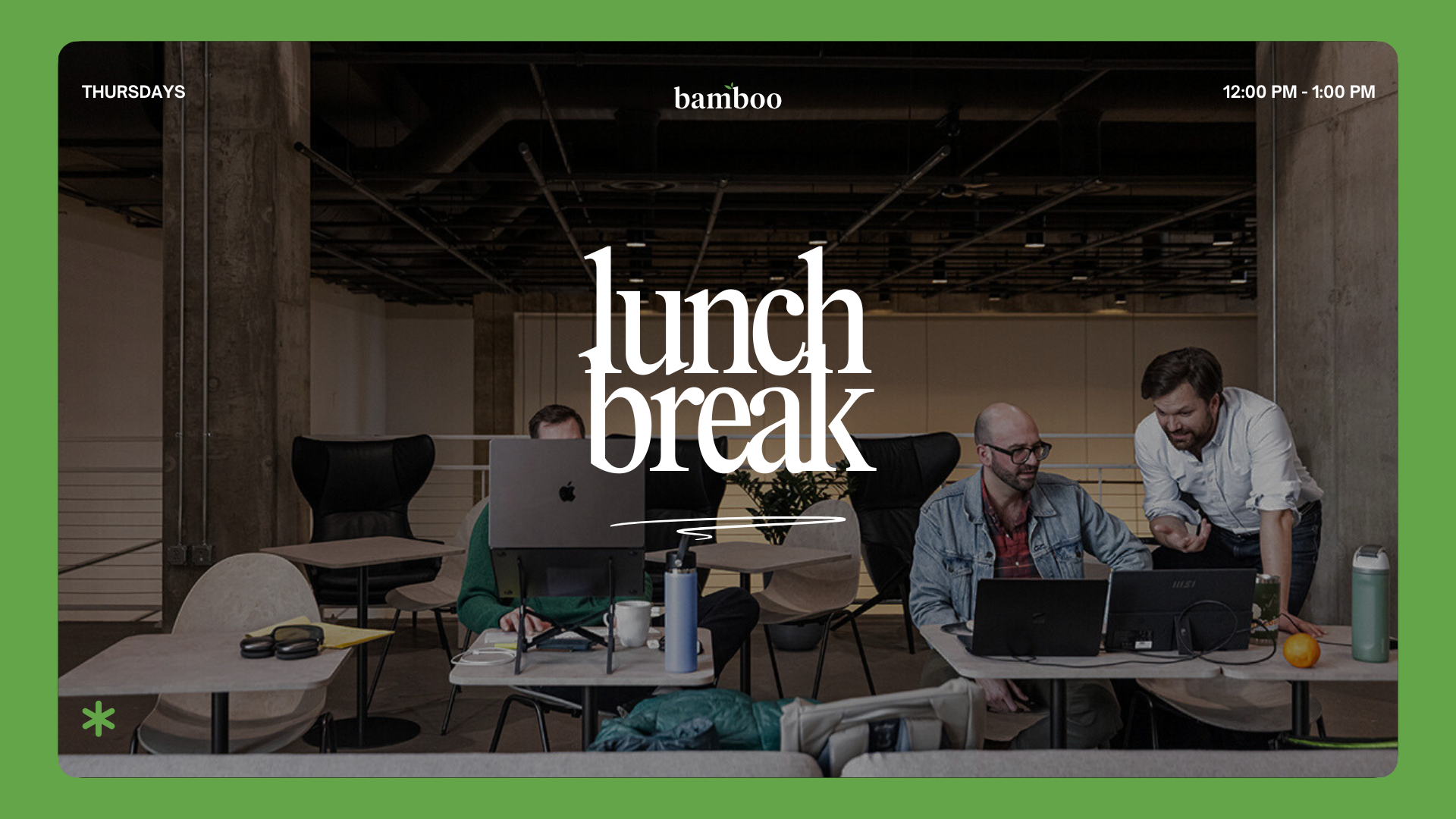 3 professional men looking at a computer in a cafe, lunch break, thursdays 12:00 pm - 1:00 pm