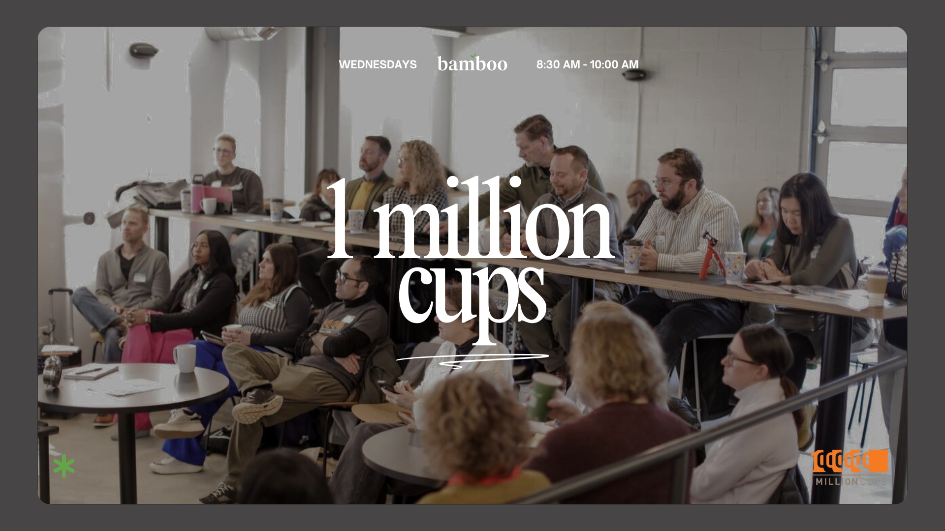 White background with Orange text saying 1,000,000, black text saying "1 million cups" and grey text saying "Ann Arbor, MI"