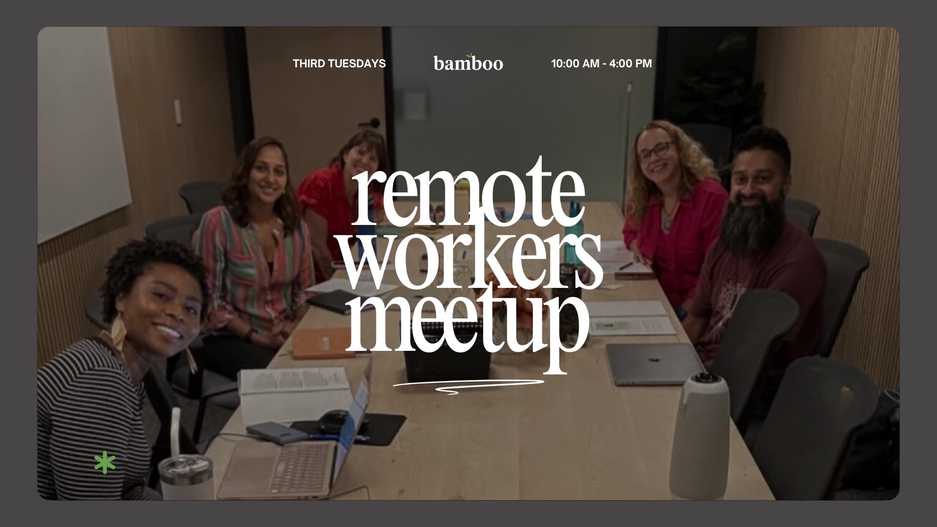 conference room background with text saying "remote workers meetup, working alone can be isolating but it doesn't have to be! join a growing community of remote workers, start ups, and freelancers