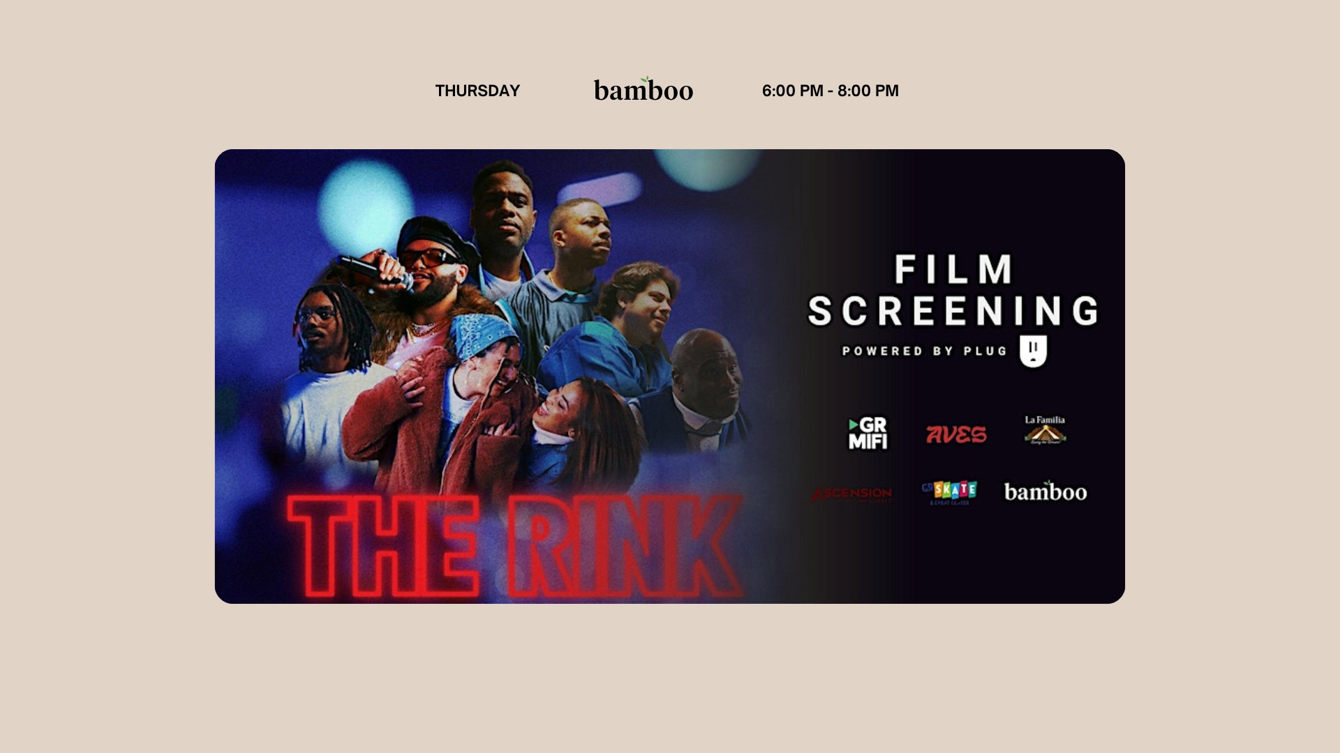 Group of people smiling, THE RINK, film screening powered by the plug