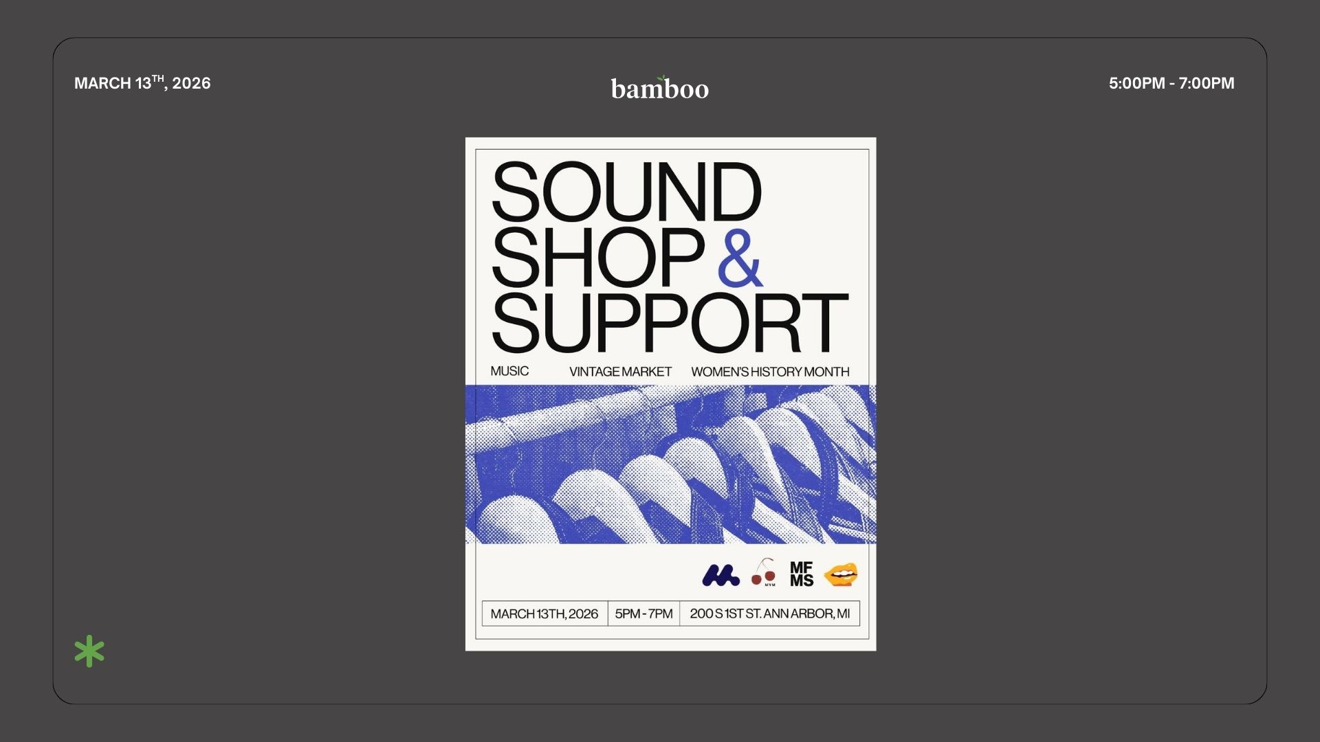 grey background with text syaing sound, shop, and support march 13th 5:00pm-7:00pm