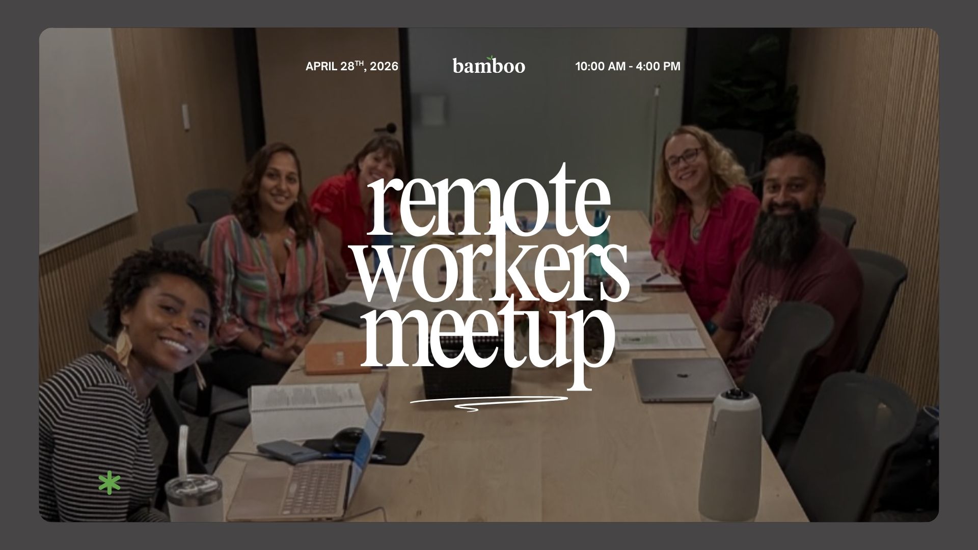 conference room background with text saying "remote workers meetup, working alone can be isolating but it doesn't have to be! join a growing community of remote workers, start ups, and freelancers