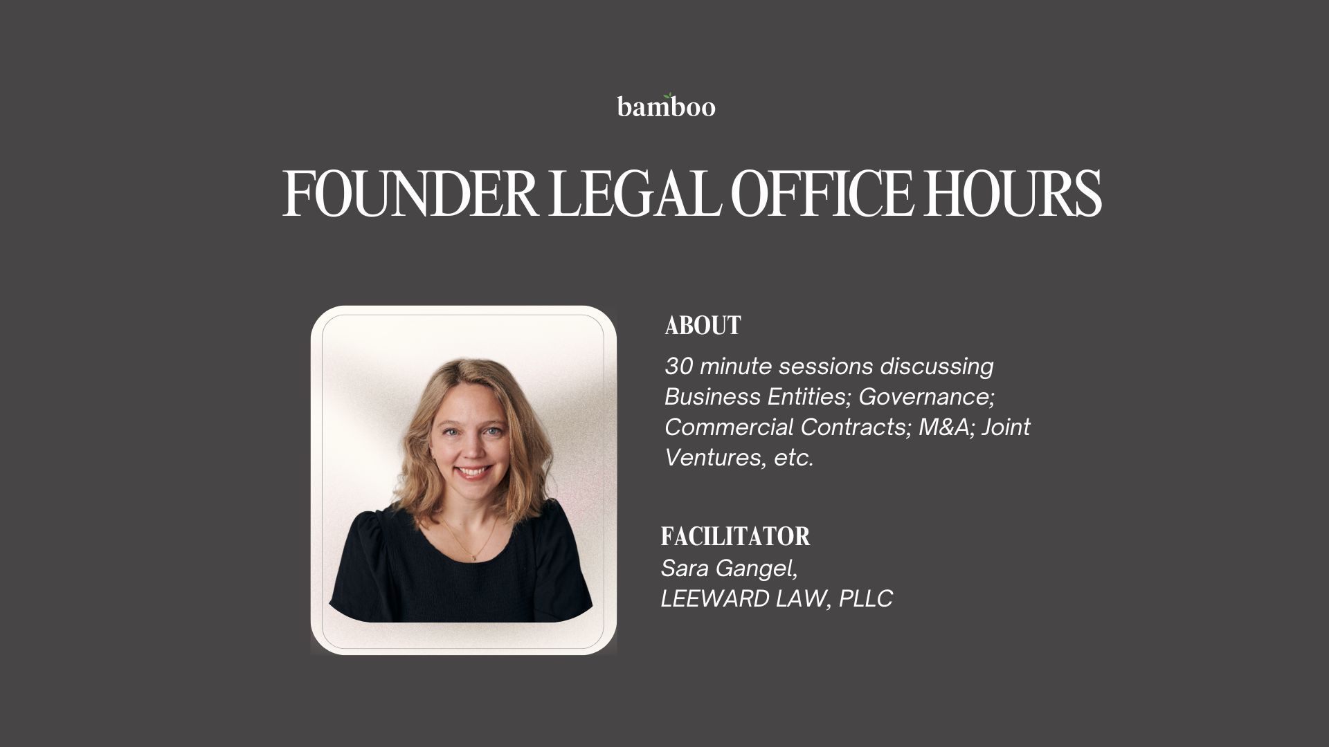 grey background with an image of sara gangel and text saying founder legal office hours