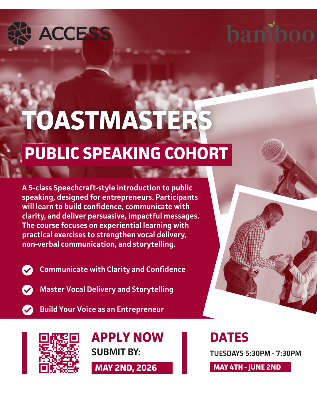 This is a 5-class Speechcraft-style introduction to public speaking, designed for business entrepreneurs. (Tuesdays May 5th - June 2nd) 
