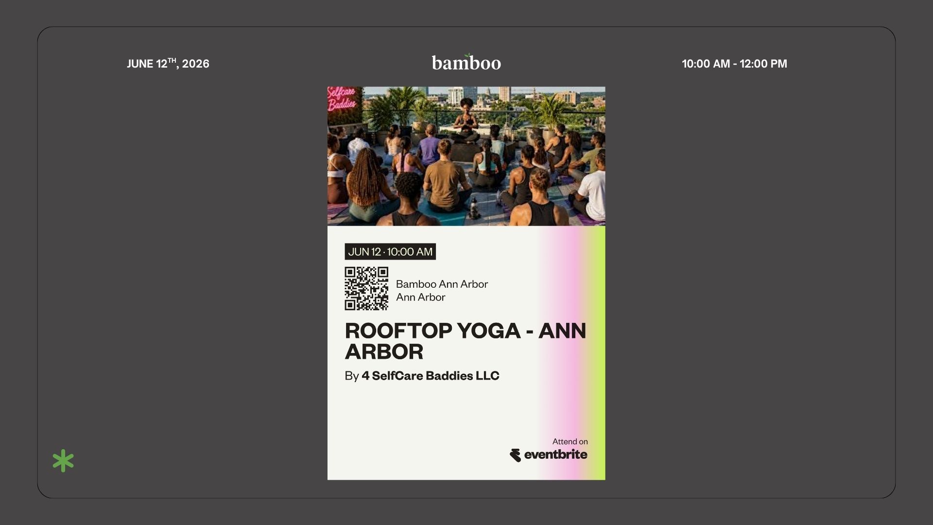 grey background with an image of women doing yoga on a rooftop and text saying "rooftop yoga in ann arbor, june 12th 2026 10am-12pm