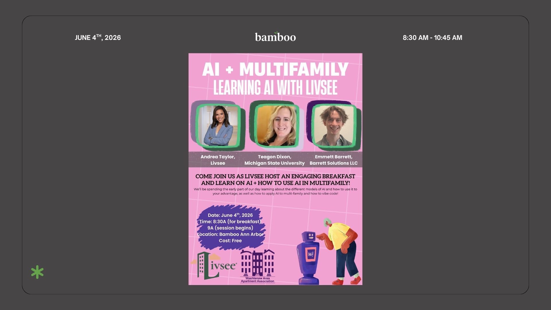 grey background with an image of three people and text saying "AI +Multifamily Learning AI with Livsee"