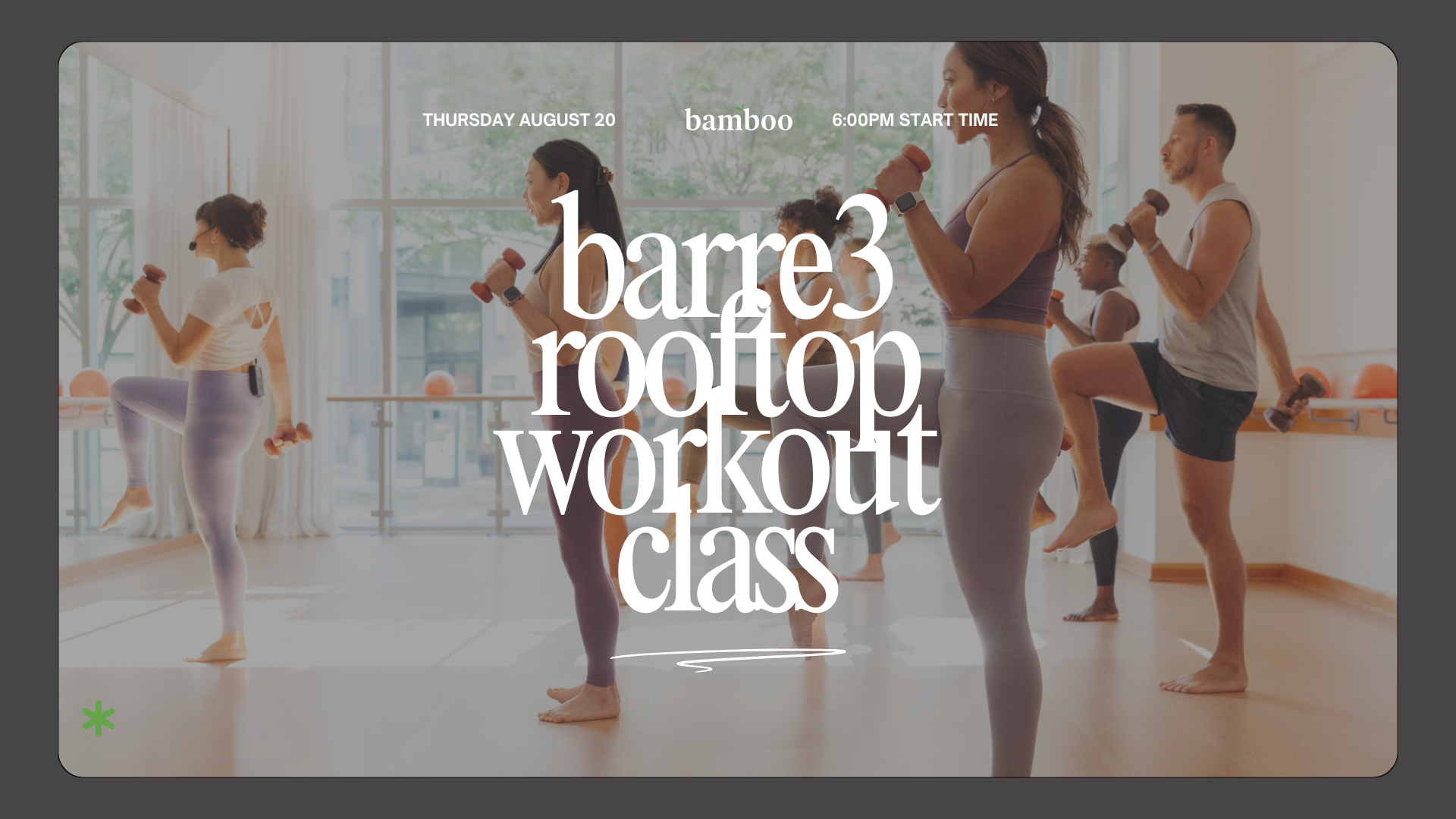 an image of a workout class with text saying, "barre3 rooftop workout class"