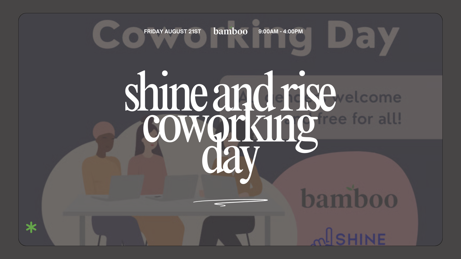 image of group of women working together with text saying, "Shine and Rise Coworking Day"