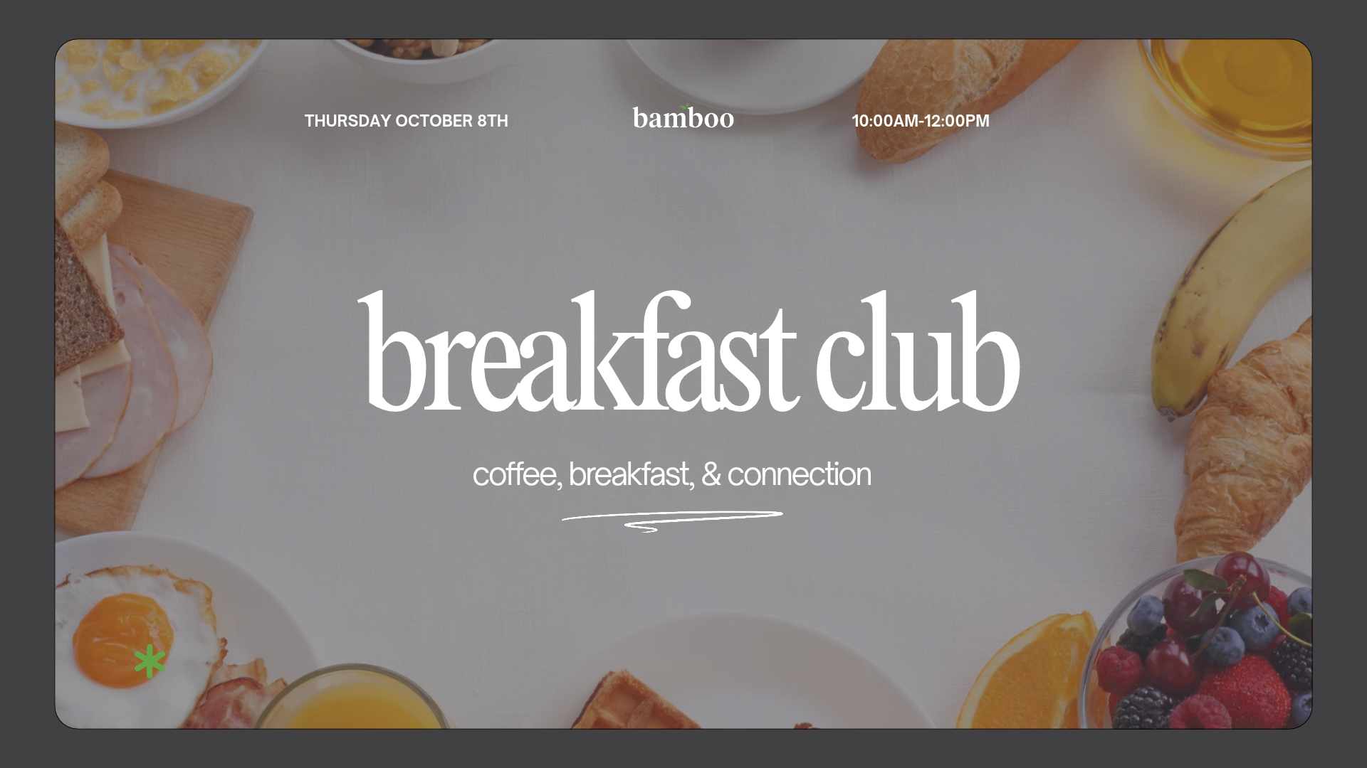 grey background with images of breakfast foods. text saying "bamboo breakfast club" 