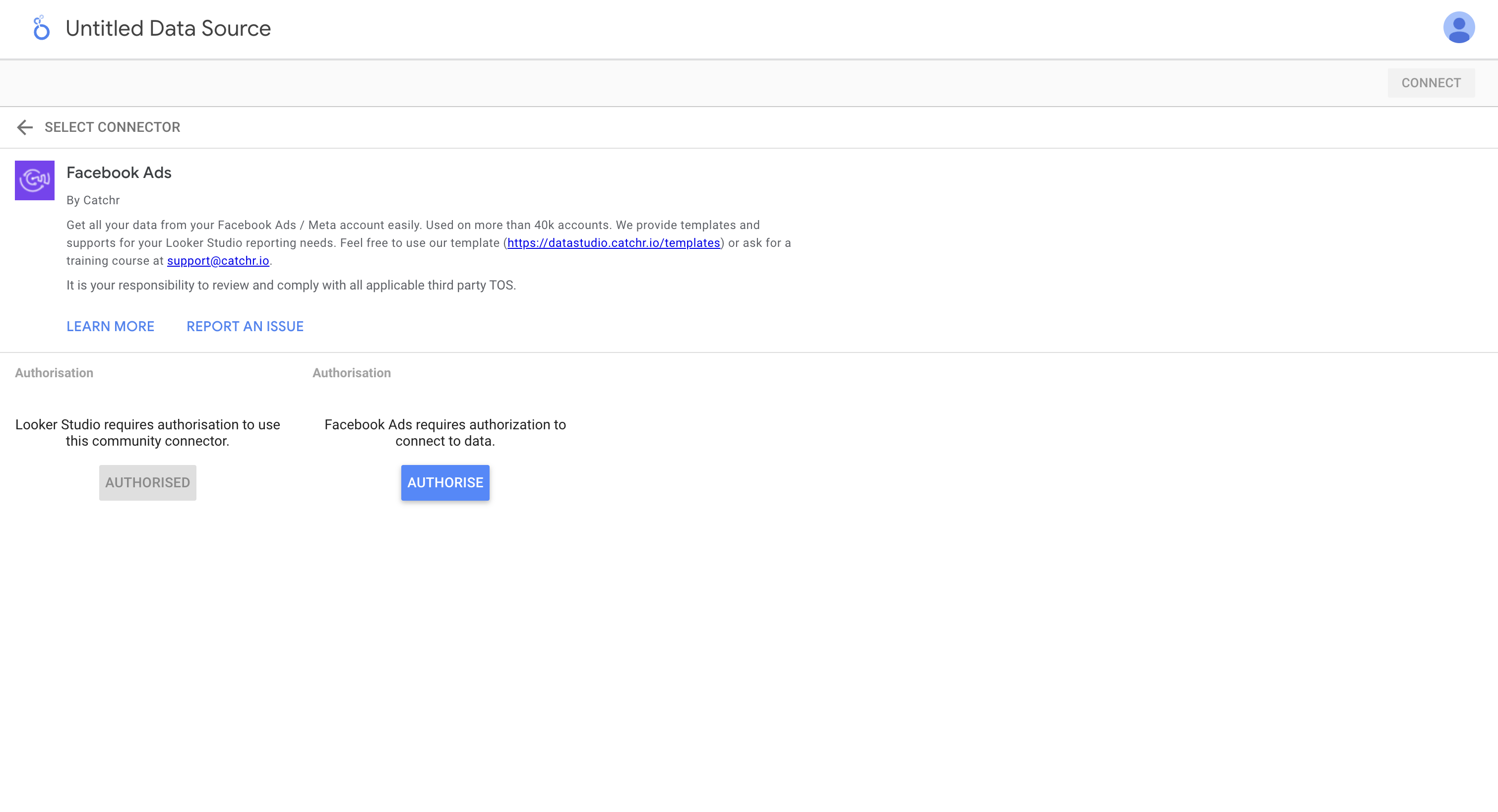 A screenshot showing the connection page with a Catchr connector in Looker Studio.