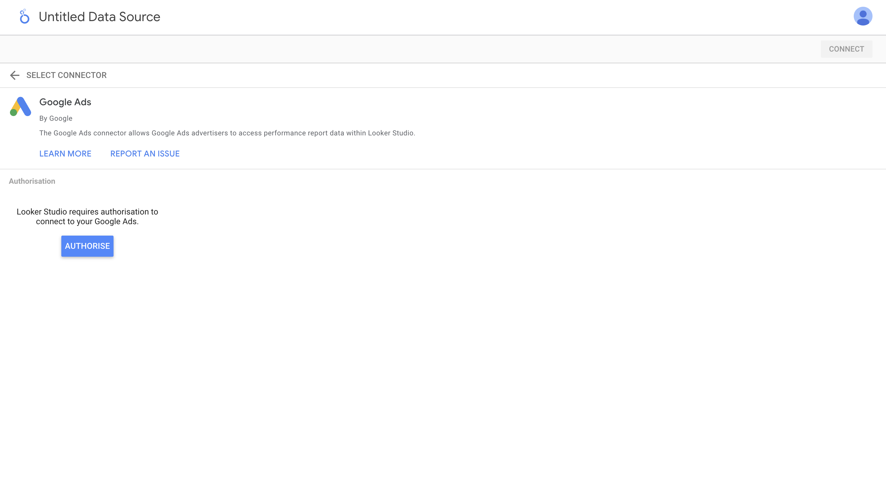 A screenshot showing the connection page with a native connector in Looker Studio.