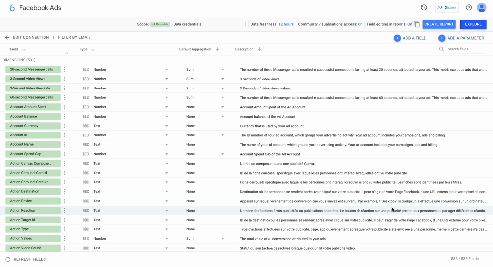 A GIF showing the available data source fields, the possible actions, and the “Create a report” action with a quick view of the generated report.