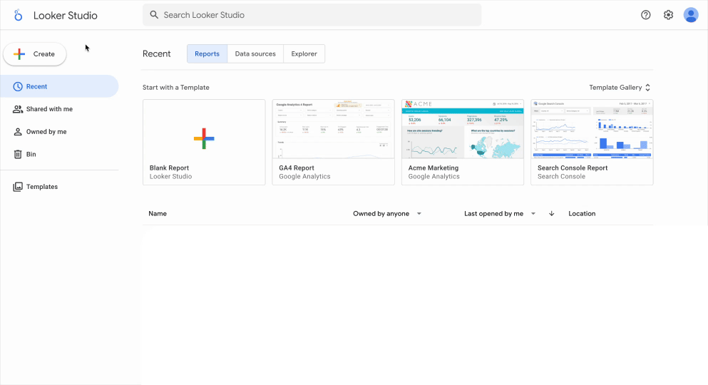 A GIF showing how to create a data source from the Looker Studio homepage.