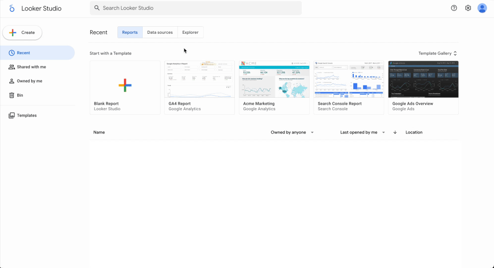 A GIF showing how to create a Looker Studio report from the homepage.
