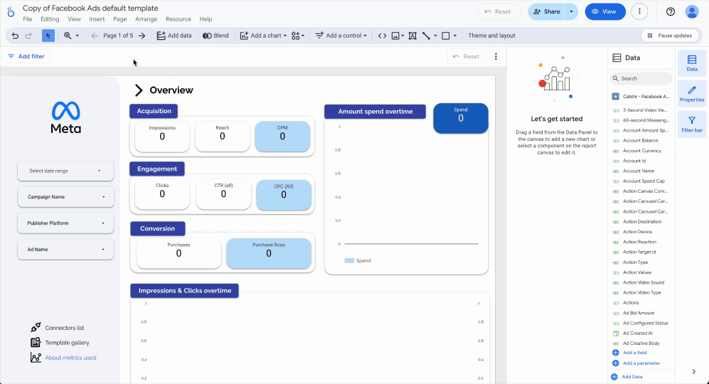 A GIF showing how to select a data source to the report level in Looker Studio report interface. File > Report settings > Data source