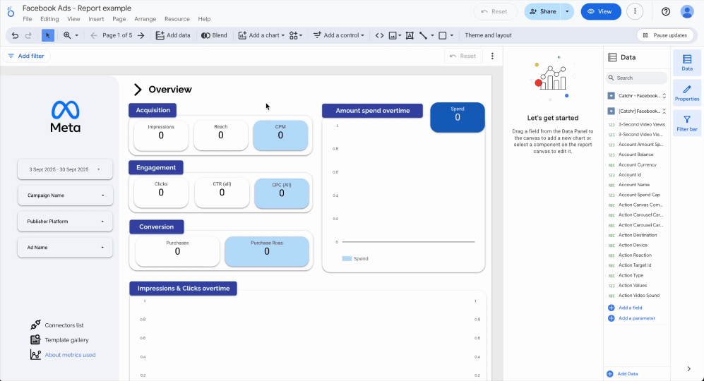 A GIF showing how to select a data source at the page level, from the Looker Studio report interface. Page > Current page settings > Setup > Select data source