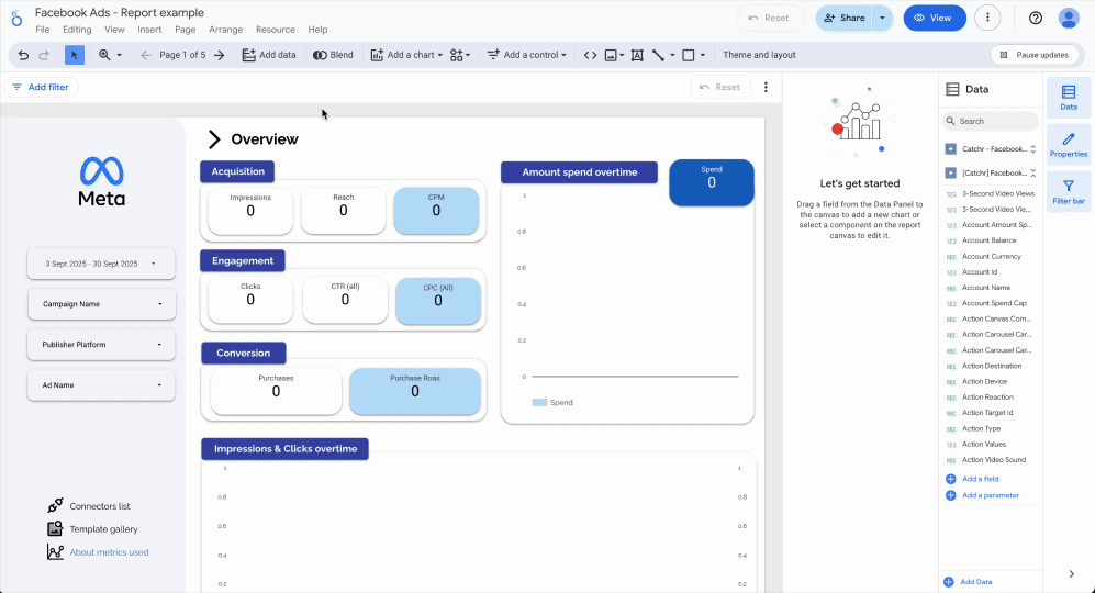 A GIF showing how to edit a connection of a Looker Studio data source from the report interface. Resources > Manage added data source > Edit > Edit connection > Select an account > Reconnect > Apply changes