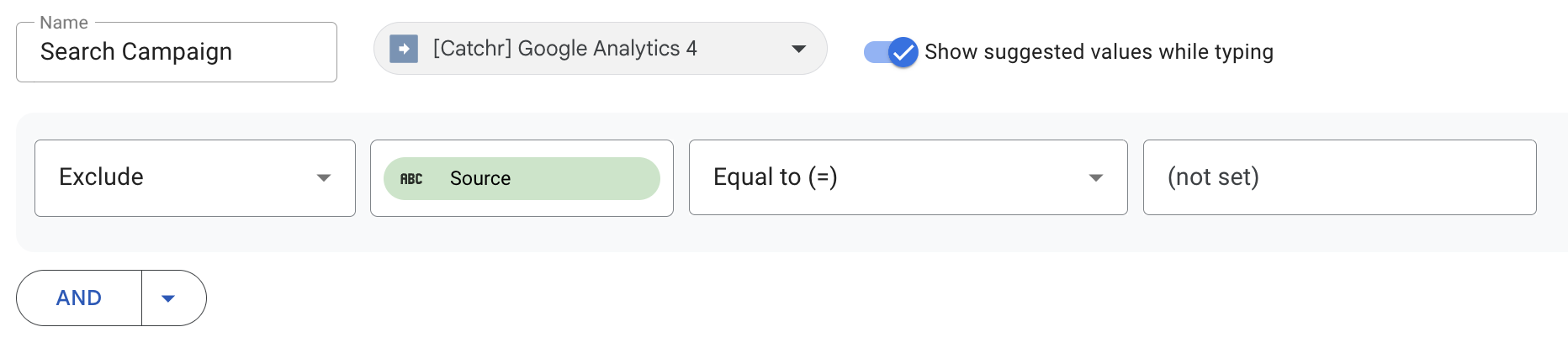 A screen capture from Looker Studio showing filters settings with GA4 fields