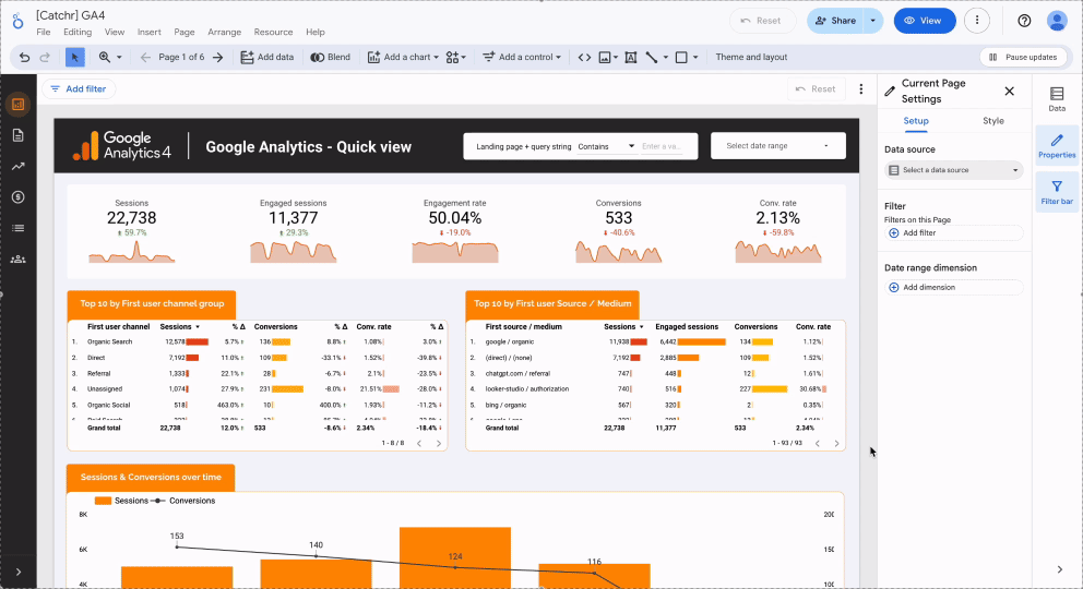 A GIF showing how to add a filter to a chart in a Looker Studio report. Select component > Add Filter