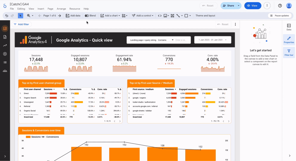 A GIF showing how to add a filter to a Looker Studio report page. Page > Current Page Settings > Add filter