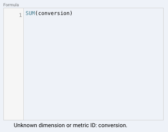 A screen capture showing an error with Looker Studio formula: "Unknown dimension or metric ID"