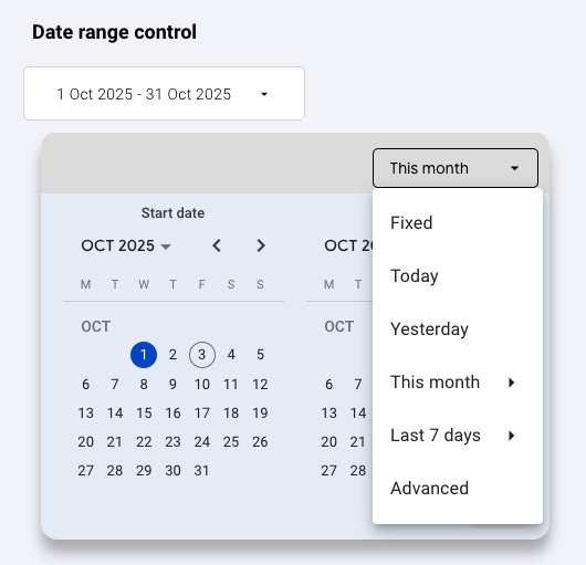 A screenshot from Looker Studio showing the date range control being opened and closed.