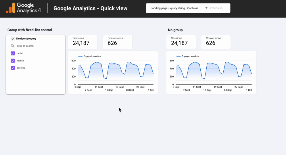 A GIF from Looker Studio showing how controls behave when grouped with visualizations.