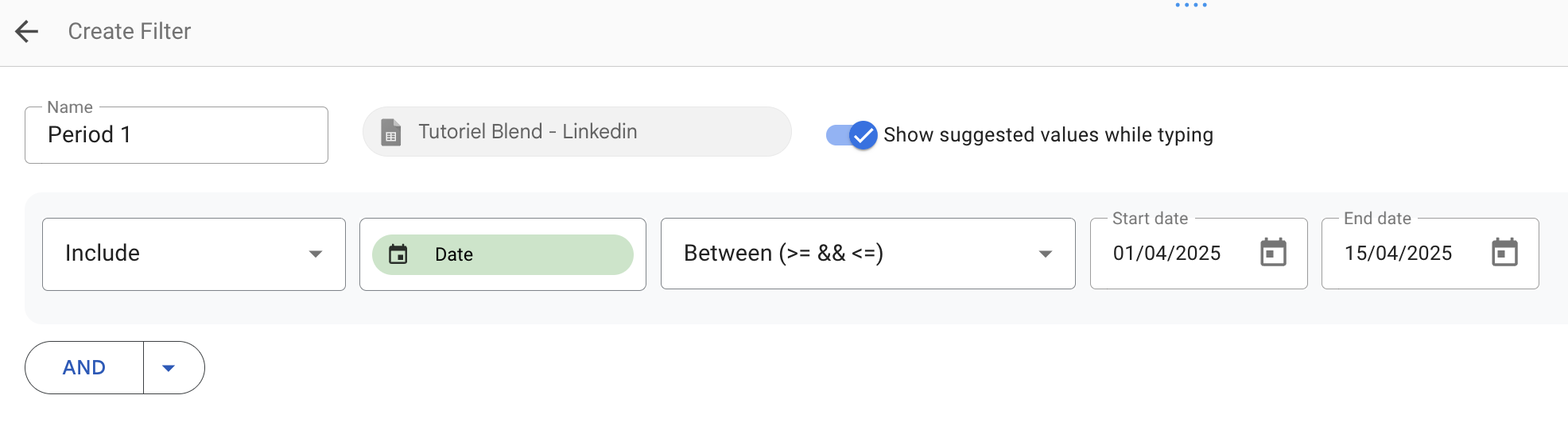 A screenshot from Looker Studio showing filter configuration to keep date between a start and end date.