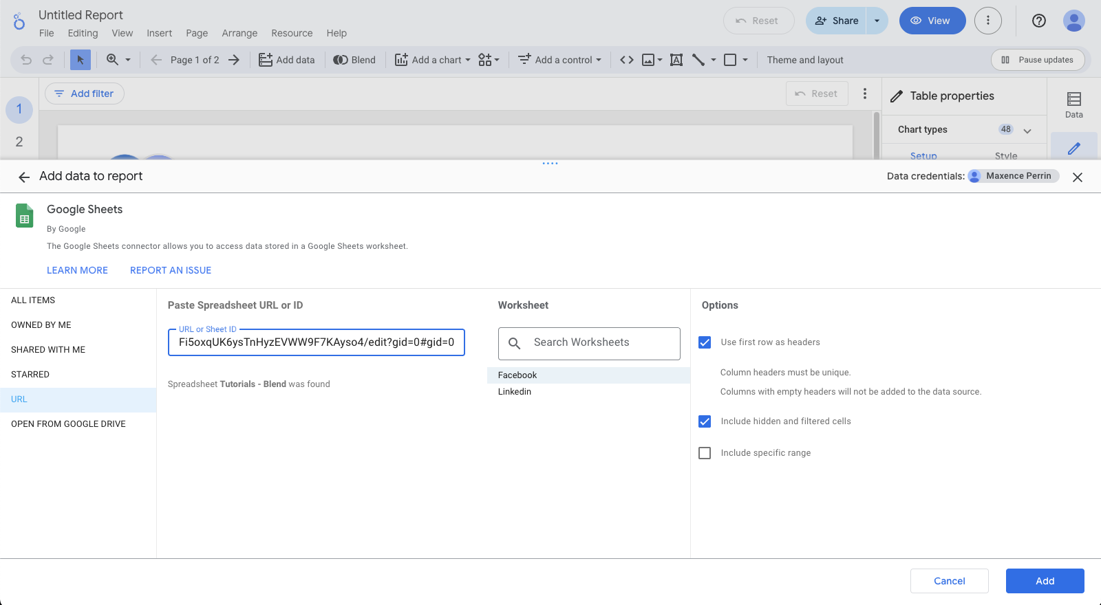 A screenshot from Looker Studio showing the data source configuration with the Google Sheets native connector.