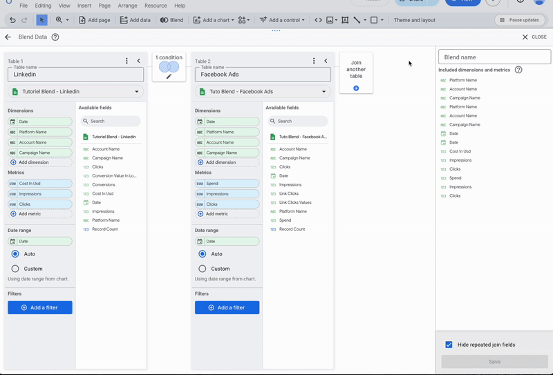 A GIF showing the naming and creation of a Looker Studio blended data source.