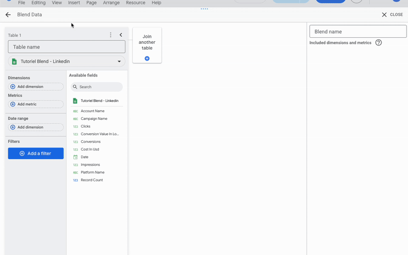 A GIF showing an example of table configuration in a Looker Studio blended data.